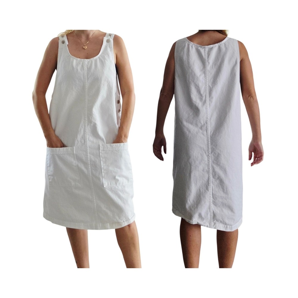 VTG 90s Denim &‎ Co White Denim Overall Dress M USA Sleeveless Boxy Cottagecore